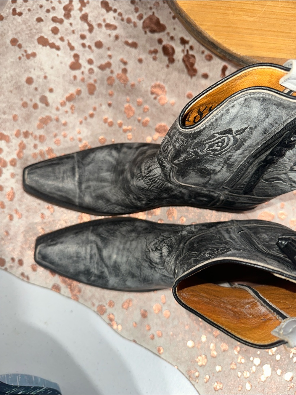 Lucchese Black Distressed Leather Floral Embroidered Ankle Booties - Picture 11 of 11